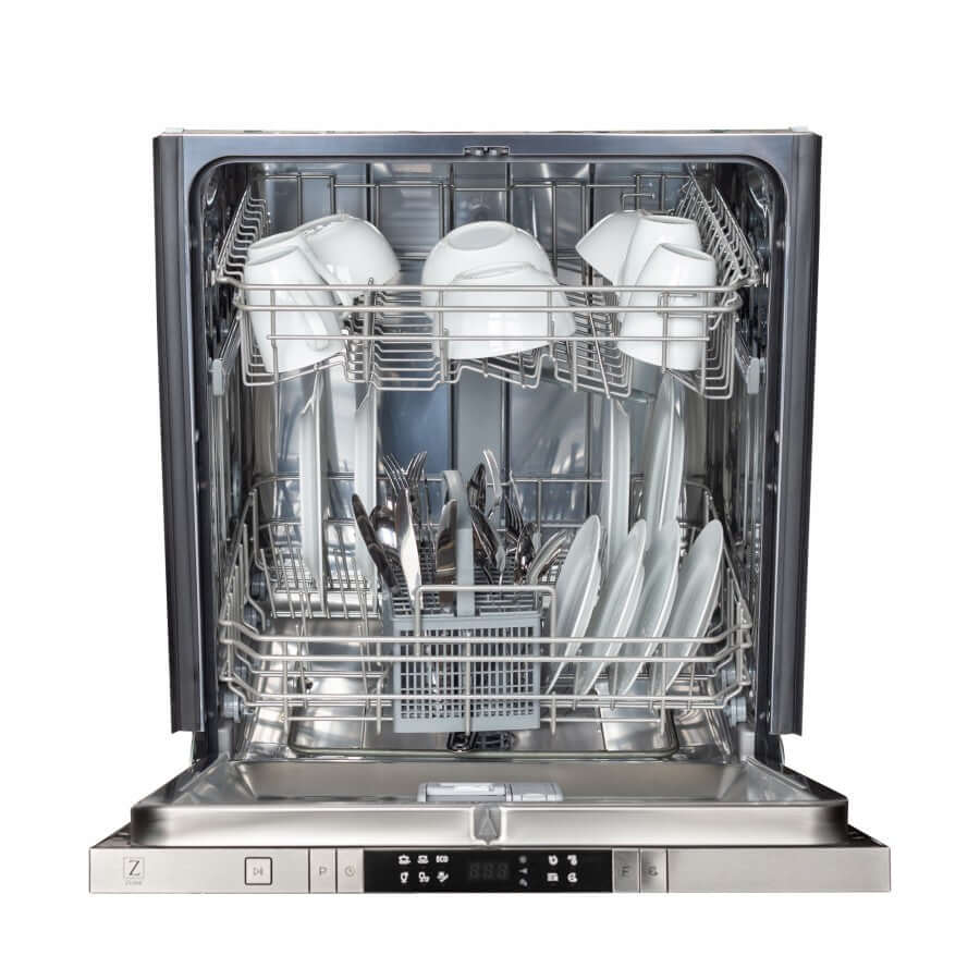 ZLINE 24 in. Copper Top Control Built-In Dishwasher with Stainless Steel Tub and Traditional Style Handle, 52dBa (DW-C-H-24) front, open, with dishes loaded.
