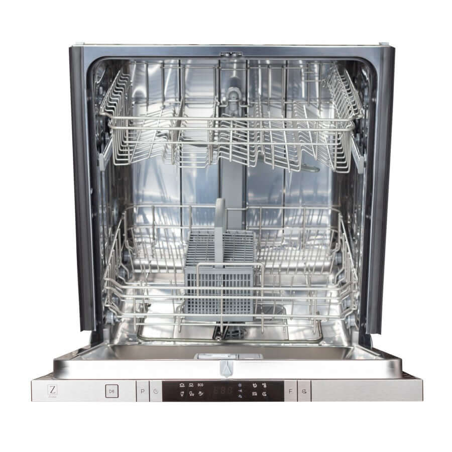 ZLINE 24 in. Copper Top Control Built-In Dishwasher with Stainless Steel Tub and Traditional Style Handle, 52dBa (DW-C-H-24) front, open.