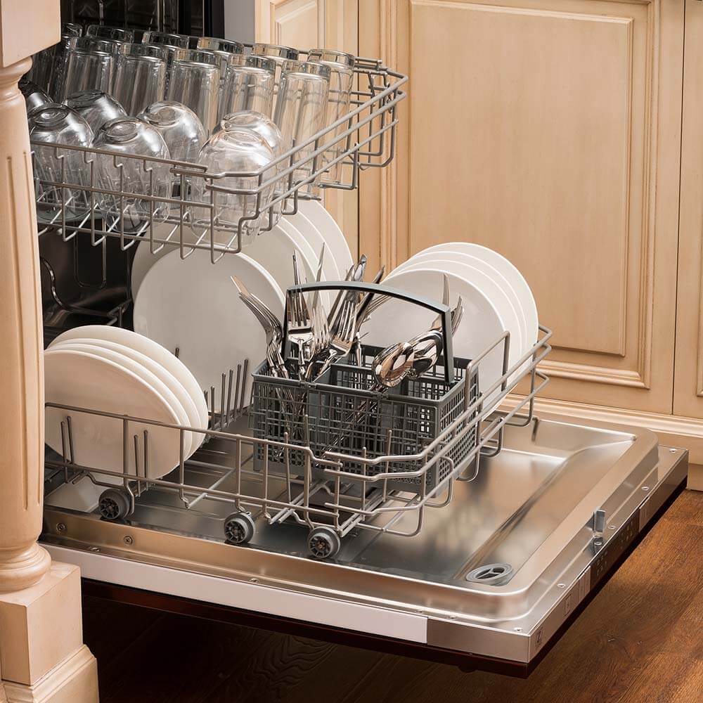 ZLINE 24 in. Oil-Rubbed Bronze Top Control Built-In Dishwasher with Stainless Steel Tub and Modern Style Handle, 52dBa (DW-ORB-24) open, with dishes loaded in a rustic-themed kitchen from side.