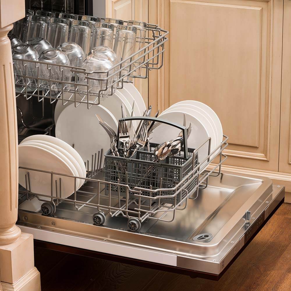 ZLINE 24 in. Oil-Rubbed Bronze Top Control Built-In Dishwasher with Stainless Steel Tub and Traditional Style Handle, 52dBa (DW-ORB-H-24) open, with dishes loaded in a rustic-themed kitchen from side.