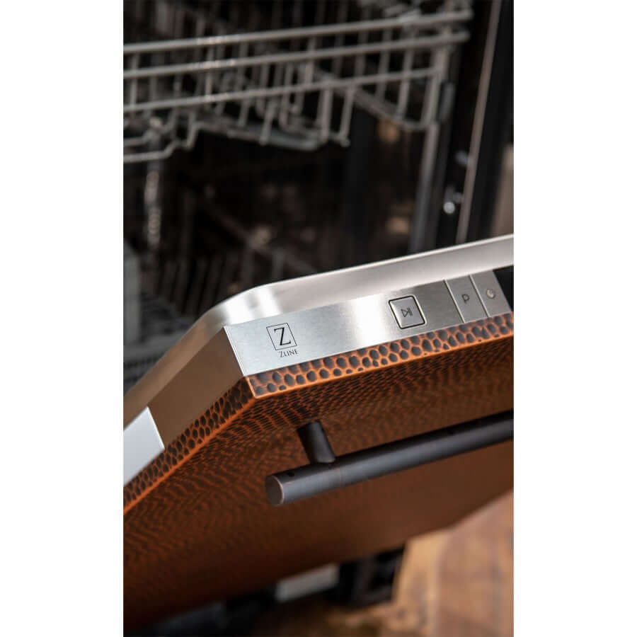 ZLINE 24 in. Hand-Hammered Copper Top Control Built-In Dishwasher with Stainless Steel Tub and Modern Style Handle, 52dBa (DW-HH-24) front, open, close-up.