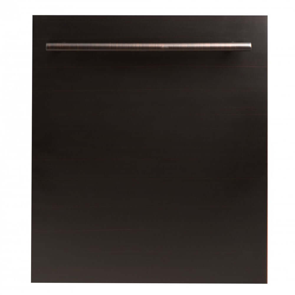 ZLINE 24 in. Oil-Rubbed Bronze Top Control Built-In Dishwasher with Stainless Steel Tub and Modern Style Handle, 52dBa (DW-ORB-24) front, closed.