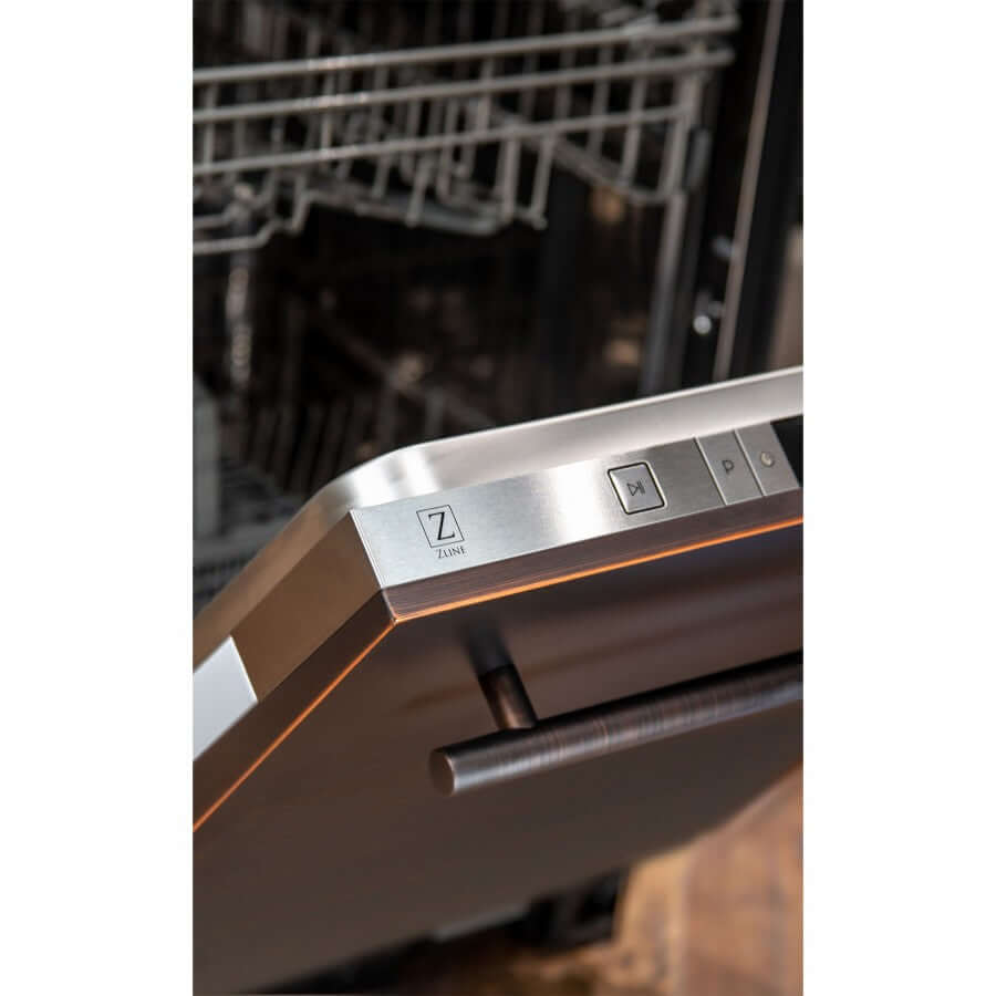 ZLINE 24 in. Oil-Rubbed Bronze Top Control Built-In Dishwasher with Stainless Steel Tub and Modern Style Handle, 52dBa (DW-ORB-24) front, open.
