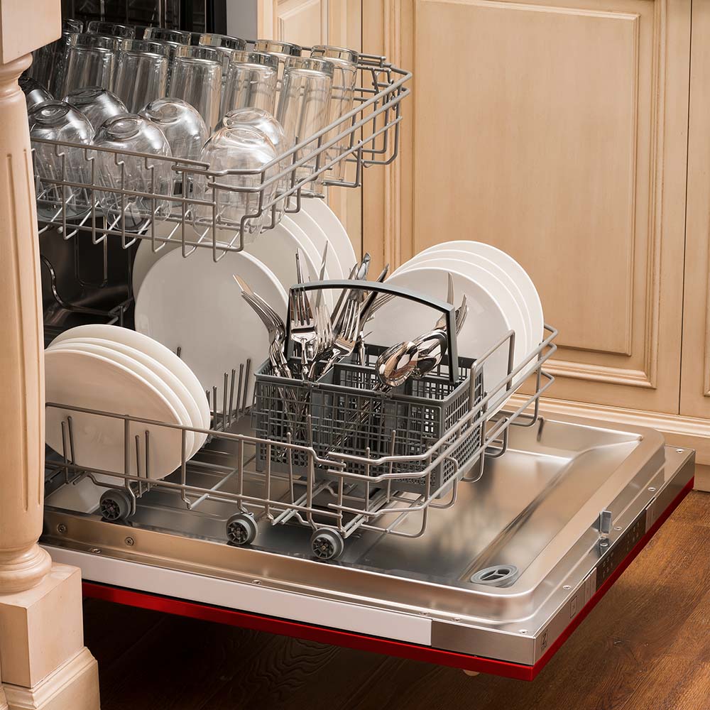 ZLINE 24 in. Red Gloss Top Control Built-In Dishwasher with Stainless Steel Tub and Traditional Style Handle, 52dBa (DW-RG-24) open, with dishes loaded in a rustic-themed kitchen from side.