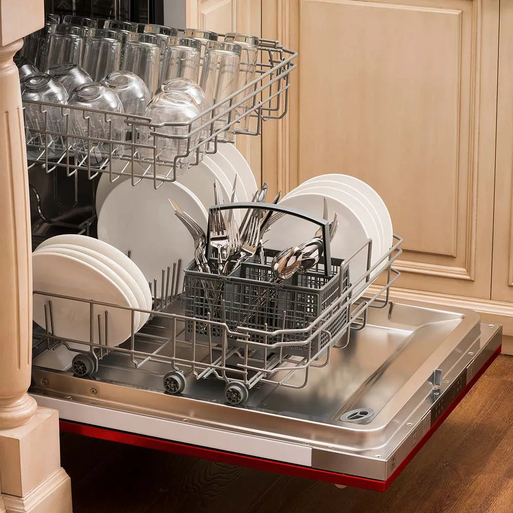 ZLINE 24 in. Red Gloss Top Control Built-In Dishwasher with Stainless Steel Tub and Modern Style Handle, 52dBa (DW-RG-H-24) open, with dishes loaded in a rustic-themed kitchen from side.