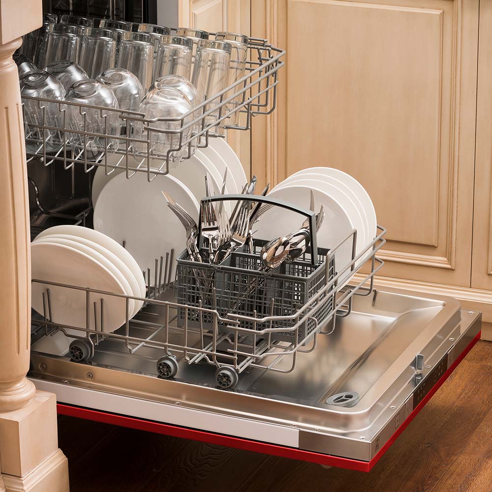 Built-in top control dishwasher with dishes and utensils on bottom rack and glassware on top rack