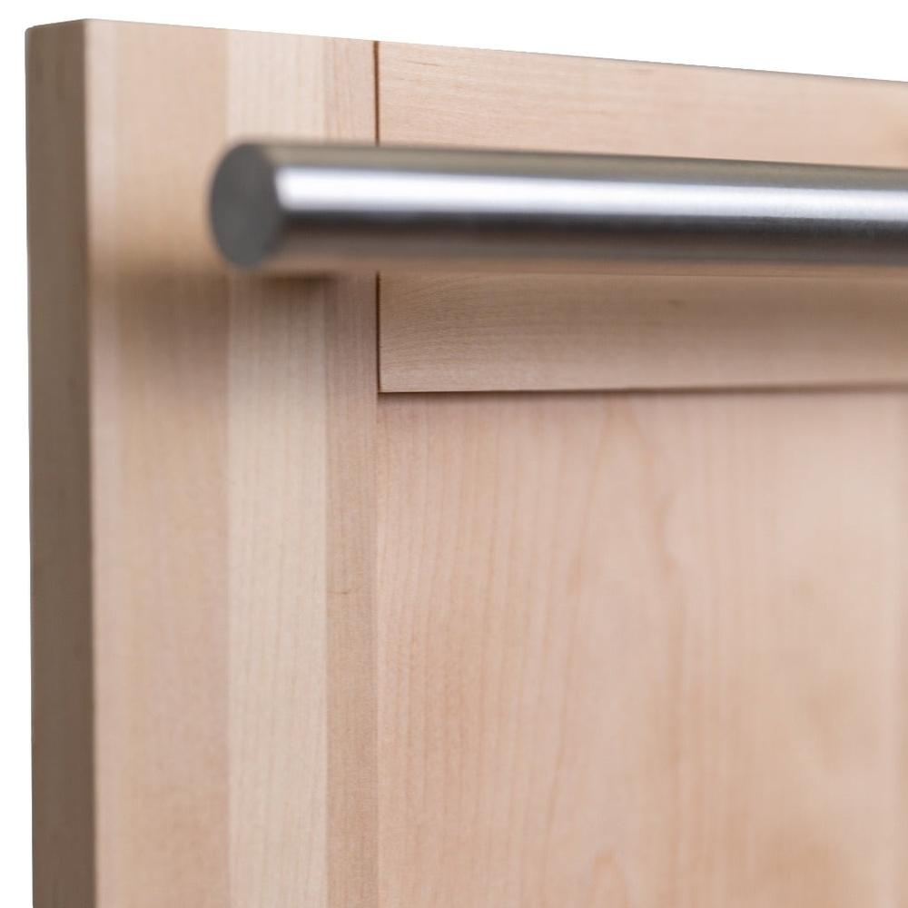 ZLINE 24 in. Unfinished Top Control Built-In Dishwasher with Stainless Steel Tub and Modern Style Handle, 52dBa (DW-UF-24) Modern handle and unfinished wood panel close up left.