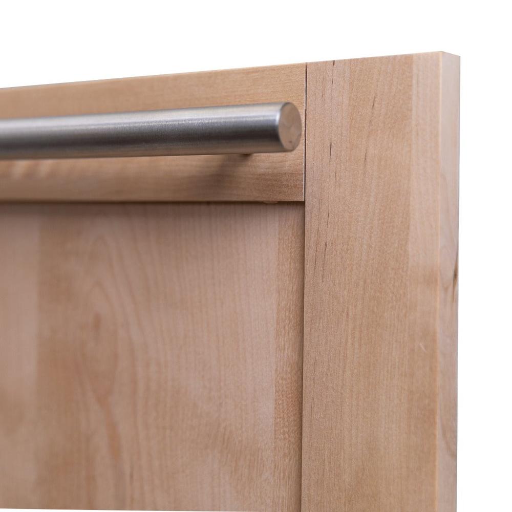 ZLINE 24 in. Unfinished Top Control Built-In Dishwasher with Stainless Steel Tub and Modern Style Handle, 52dBa (DW-UF-24) Modern handle and unfinished wood panel close up right.