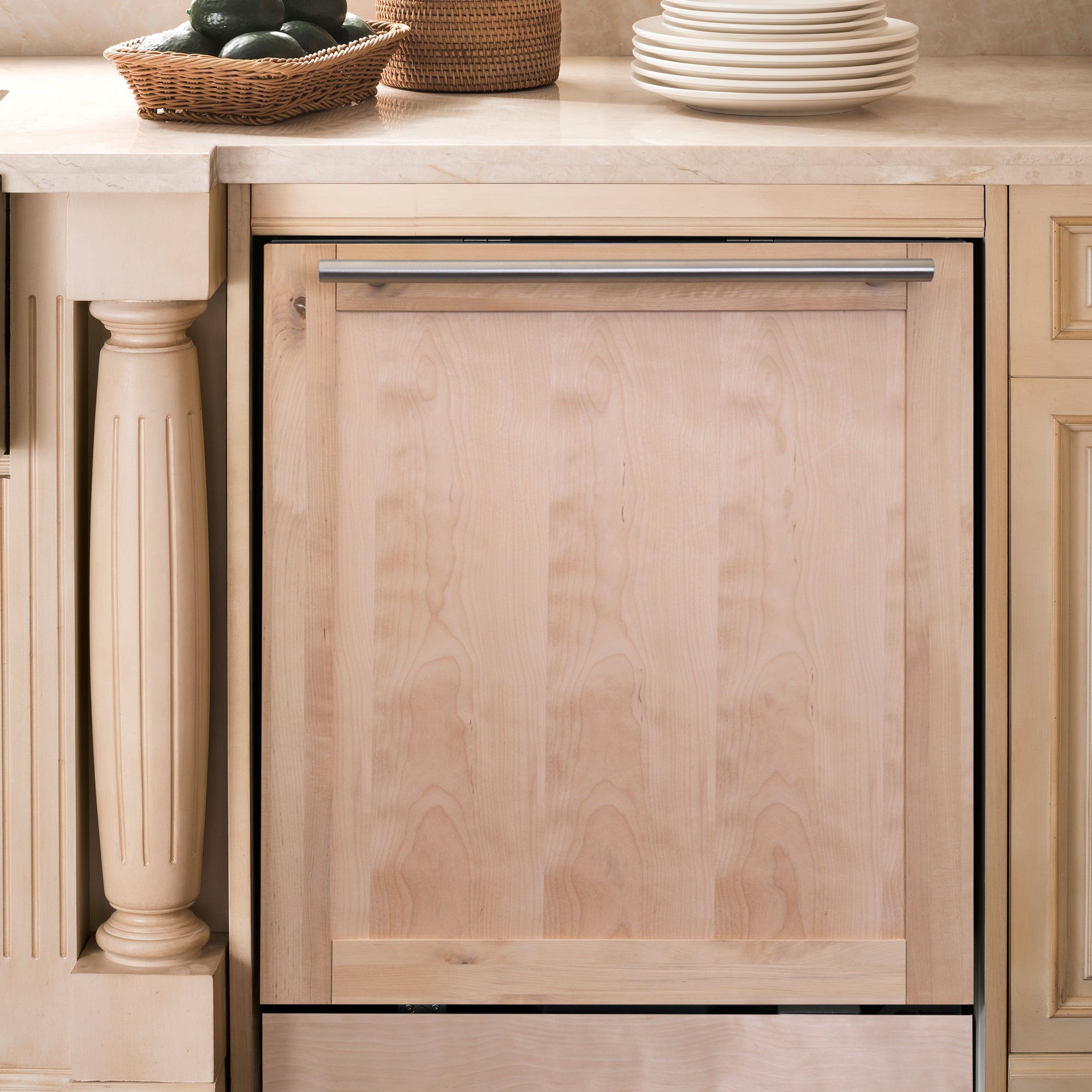 ZLINE 24 in. Top Control Dishwasher with Unfinished Wooden Panel and Modern Style Handle (DW-UF-24) built-in to matching wood cabinets in a kitchen.
