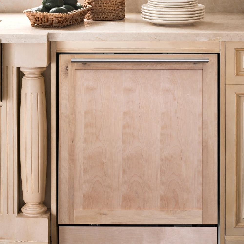 ZLINE 24 in. Unfinished Top Control Built-In Dishwasher with Stainless Steel Tub and Modern Style Handle, 52dBa (DW-UF-24) built-in to cabinets in a luxury kitchen.