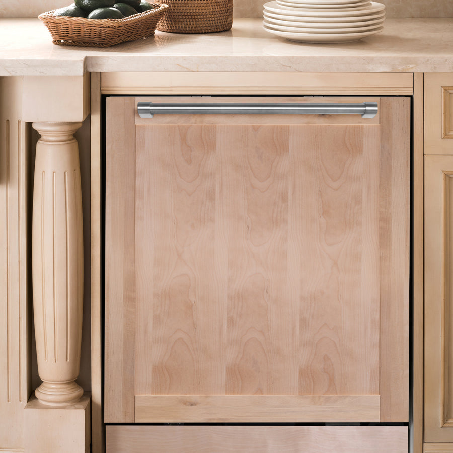 ZLINE 24 in. Unfinished Top Control Built-In Dishwasher with Stainless Steel Tub and Traditional Style Handle, 52dBa (DW-UF-H-24) built-in to cabinets in a luxury kitchen.