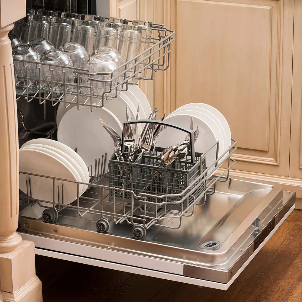 ZLINE 24 in. White Matte Top Control Built-In Dishwasher with Stainless Steel Tub and Modern Style Handle, 52dBa (DW-WM-H-24) open, with dishes loaded in a rustic-themed kitchen from side.