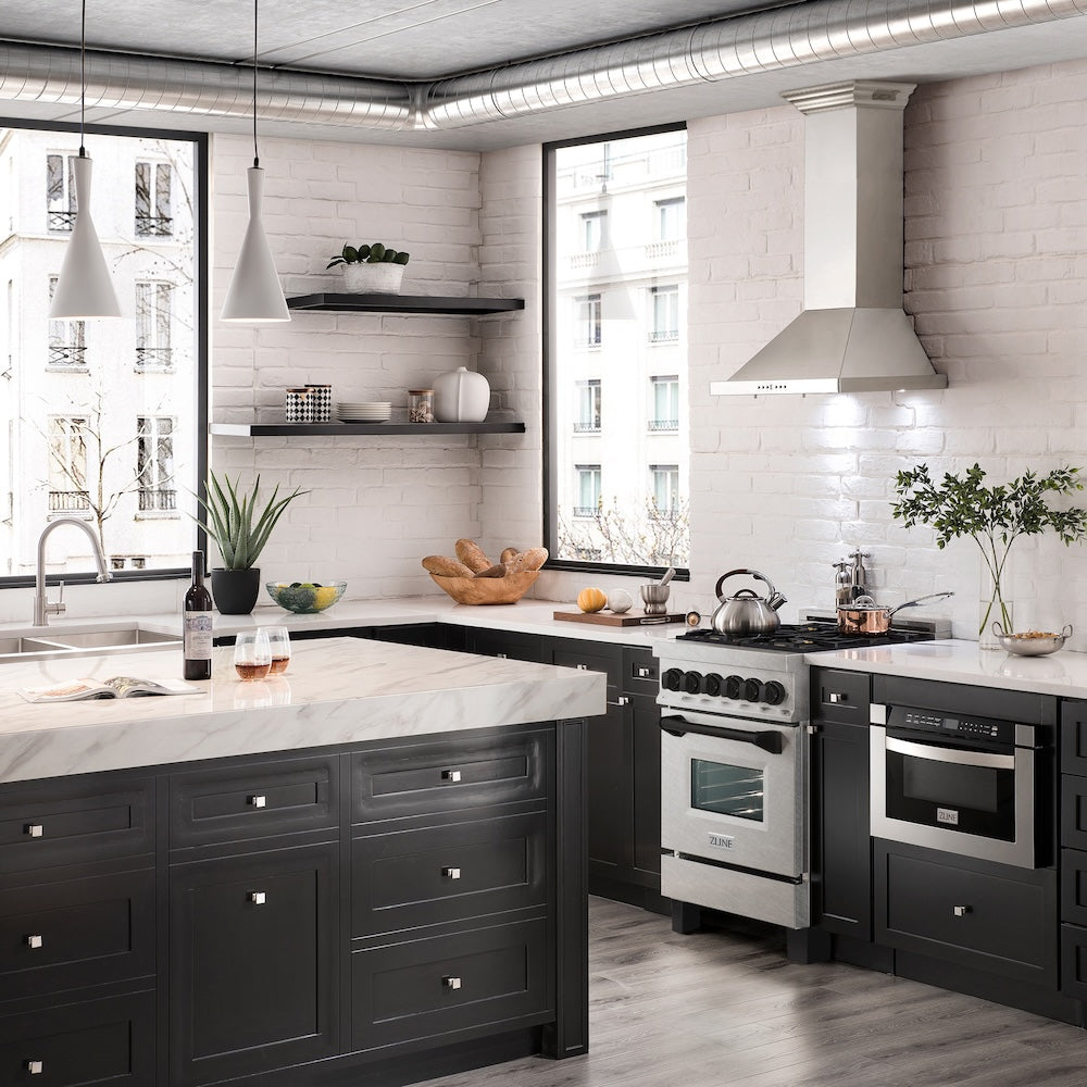 ZLINE Autograph Edition 24 in. 2.8 cu. ft. Legacy Dual Fuel Range with 4 Burner Gas Cooktop and Electric Convection Oven in Satin Stainless Steel and Matte Black Accents, Open Box-Good Condition