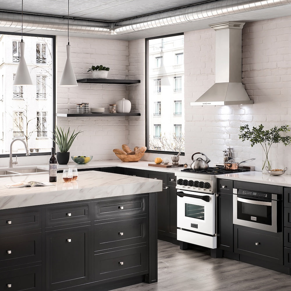ZLINE Autograph Edition 24 in. 2.8 cu. ft. Legacy Dual Fuel Range with 4 Burner Gas Cooktop and Electric Convection Oven in Stainless Steel with White Matte Door and Matte Black Accents, Open Box-Good Condition