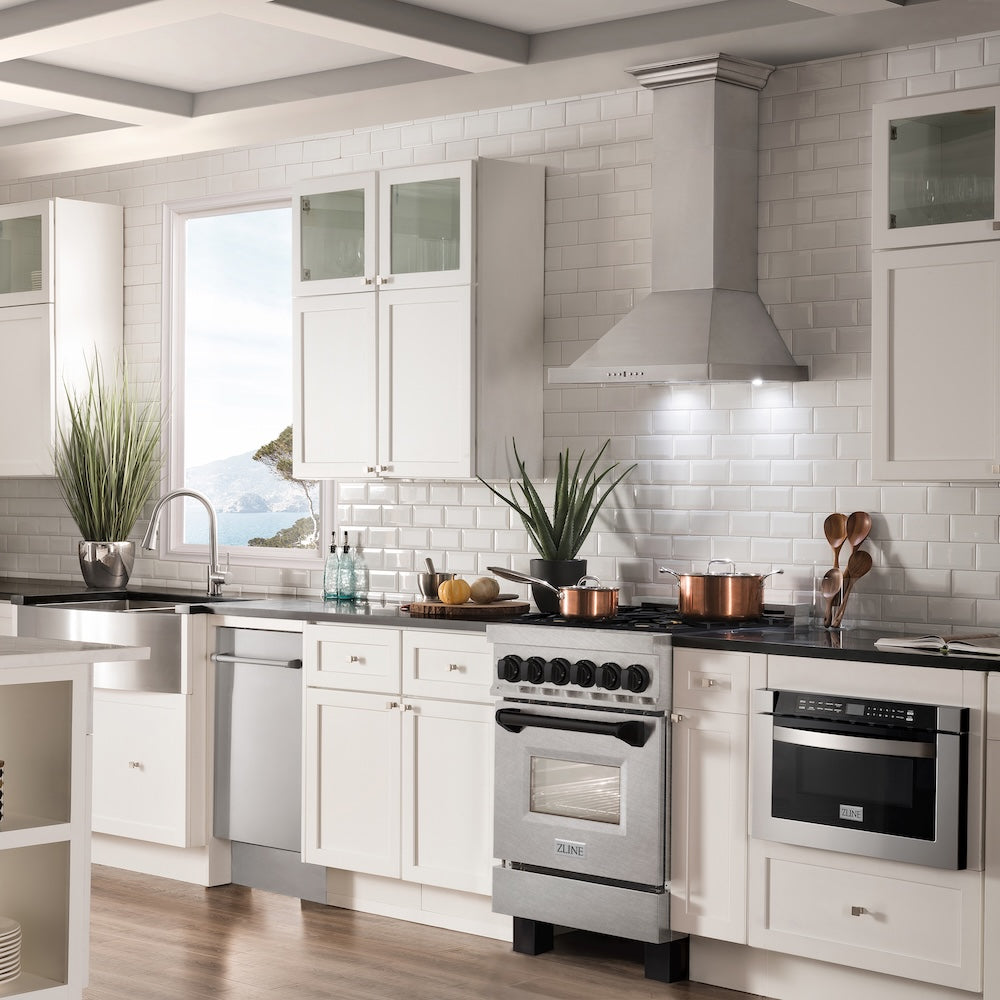 ZLINE Autograph Edition 24 in. 2.8 cu. ft. Legacy Dual Fuel Range with 4 Burner Gas Cooktop and Electric Convection Oven in Satin Stainless Steel and Matte Black Accents, Open Box-Good Condition