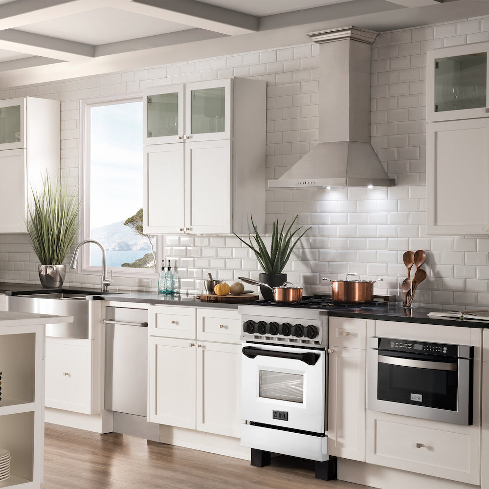 ZLINE Autograph Edition 24 in. 2.8 cu. ft. Legacy Dual Fuel Range with 4 Burner Gas Cooktop and Electric Convection Oven in Stainless Steel with White Matte Door and Matte Black Accents (RAZ-WM-24-MB) in a luxury kitchen.