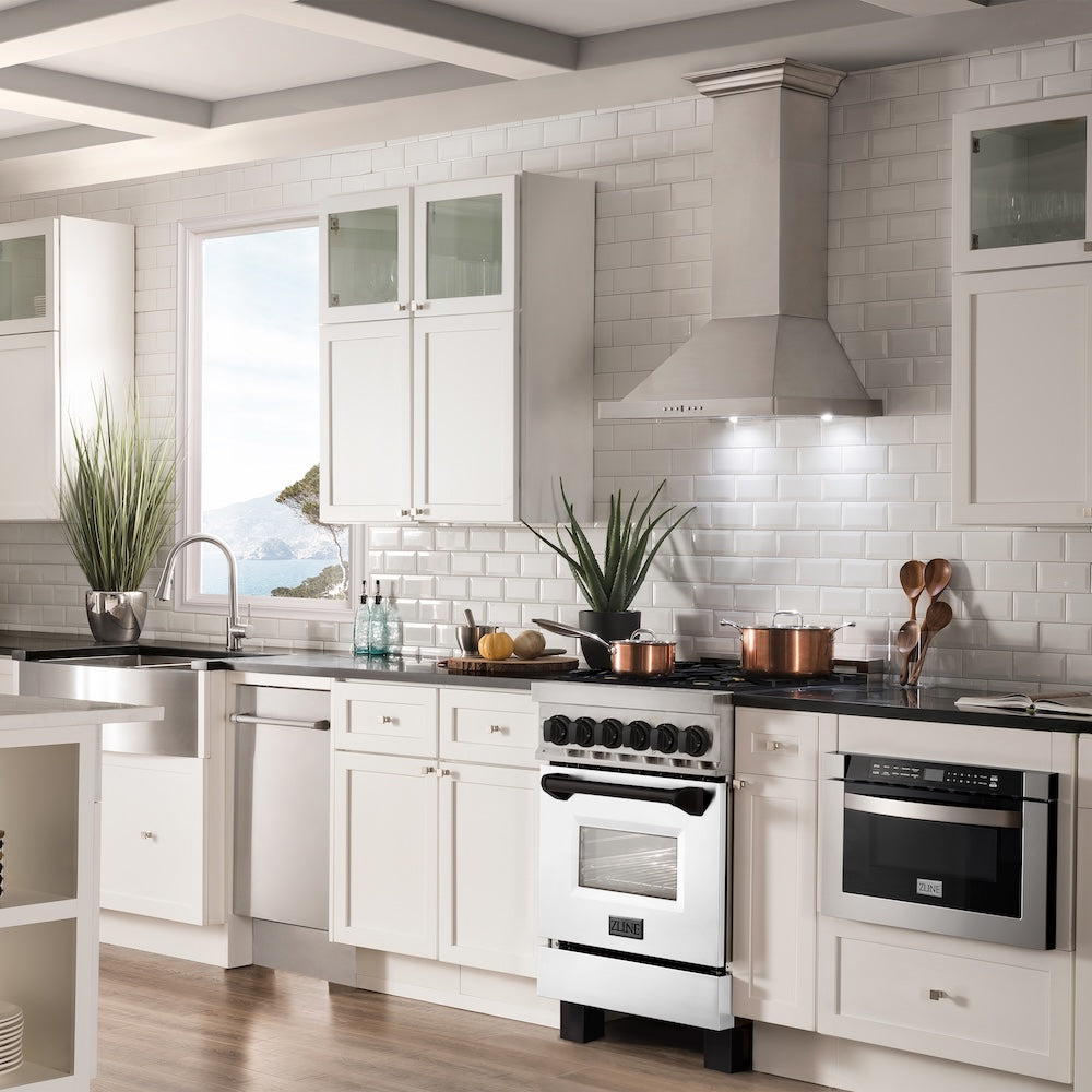 ZLINE Autograph Edition 24 in. 2.8 cu. ft. Legacy Dual Fuel Range with 4 Burner Gas Cooktop and Electric Convection Oven in Stainless Steel with White Matte Door and Matte Black Accents, Open Box-Good Condition
