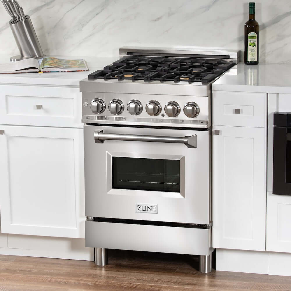 ZLINE 24 in. 2.8 cu. ft. Dual Fuel Range with Gas Stove and Electric Oven in Stainless Steel with Brass Burners (RA-BR-24) side, oven closed.