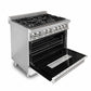 ZLINE 36 in. 4.6 cu. ft. Legacy Dual Fuel Range with 6 Burner Gas Cooktop and Electric Convection Oven in Stainless Steel with Griddle and White Matte Door (RA-WM-GR-36) side, oven open.