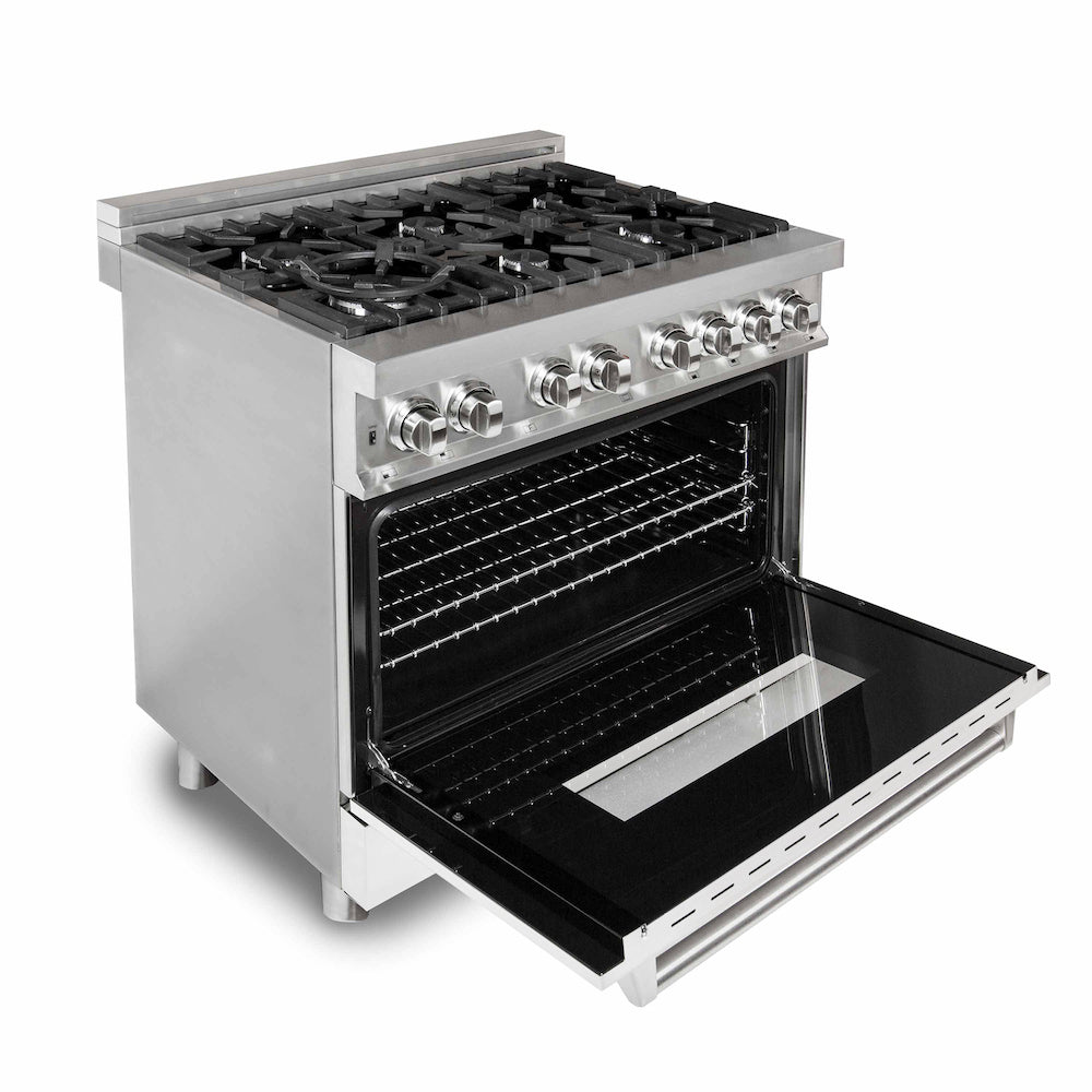 ZLINE 36 in. 4.6 cu. ft. Legacy Dual Fuel Range with 6 Burner Gas Cooktop and Electric Convection Oven in Stainless Steel with Griddle and White Matte Door (RA-WM-GR-36) side, oven open.