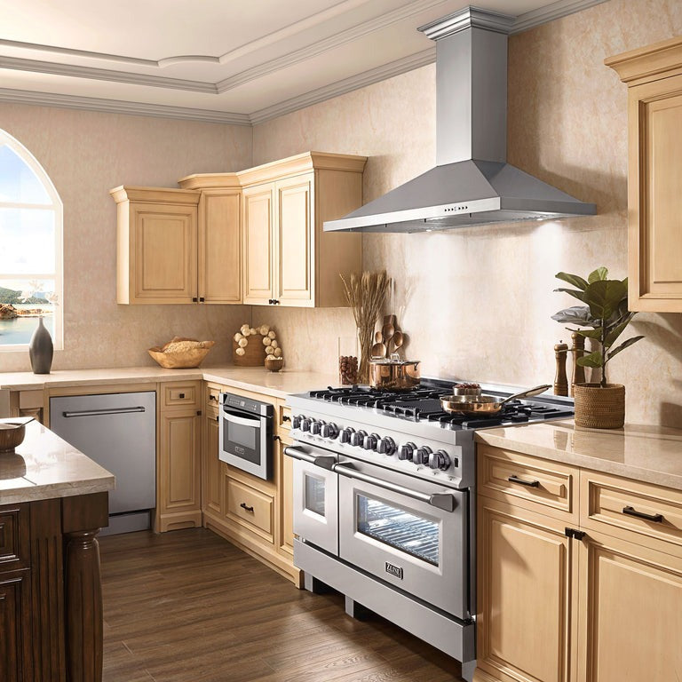 ZLINE 48" range, range hood, microwave, and dishwasher package in a wooden-themed kitchen.