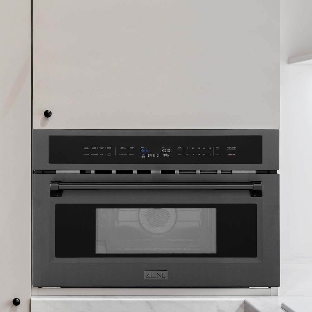 ZLINE 30 in. 1.6 cu ft. Black Stainless Steel Built-in Convection Microwave Oven (MWO-30-BS) Built-in to Beige Cabinets