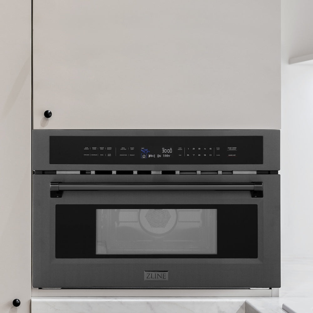 ZLINE 30 in. 1.6 cu ft. Black Stainless Steel Built-in Convection Microwave Oven (MWO-30-BS) in a modern kitchen with white cabinets