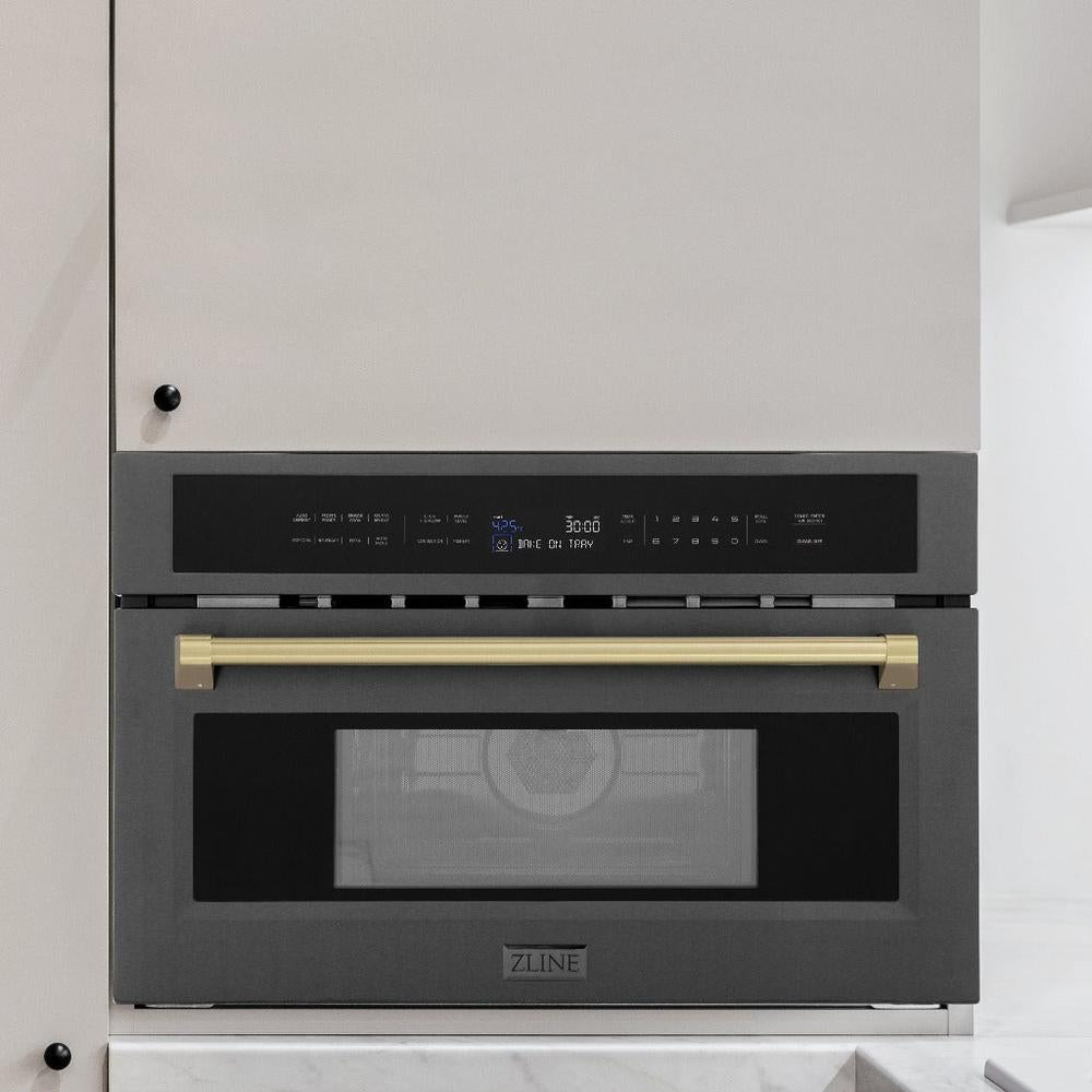 ZLINE Autograph Edition 30 in. 1.6 cu ft. Built-in Convection Microwave Oven in Black Stainless Steel with Champagne Bronze Accents (MWOZ-30-BS-CB) built-in to beige cabinets