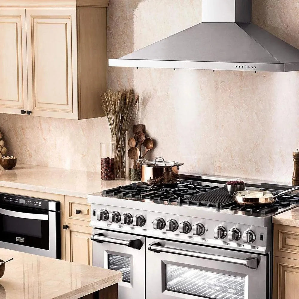 ZLINE Convertible Vent Wall Mount Range Hood in Stainless Steel (KB) in a luxury farmhouse-style kitchen.