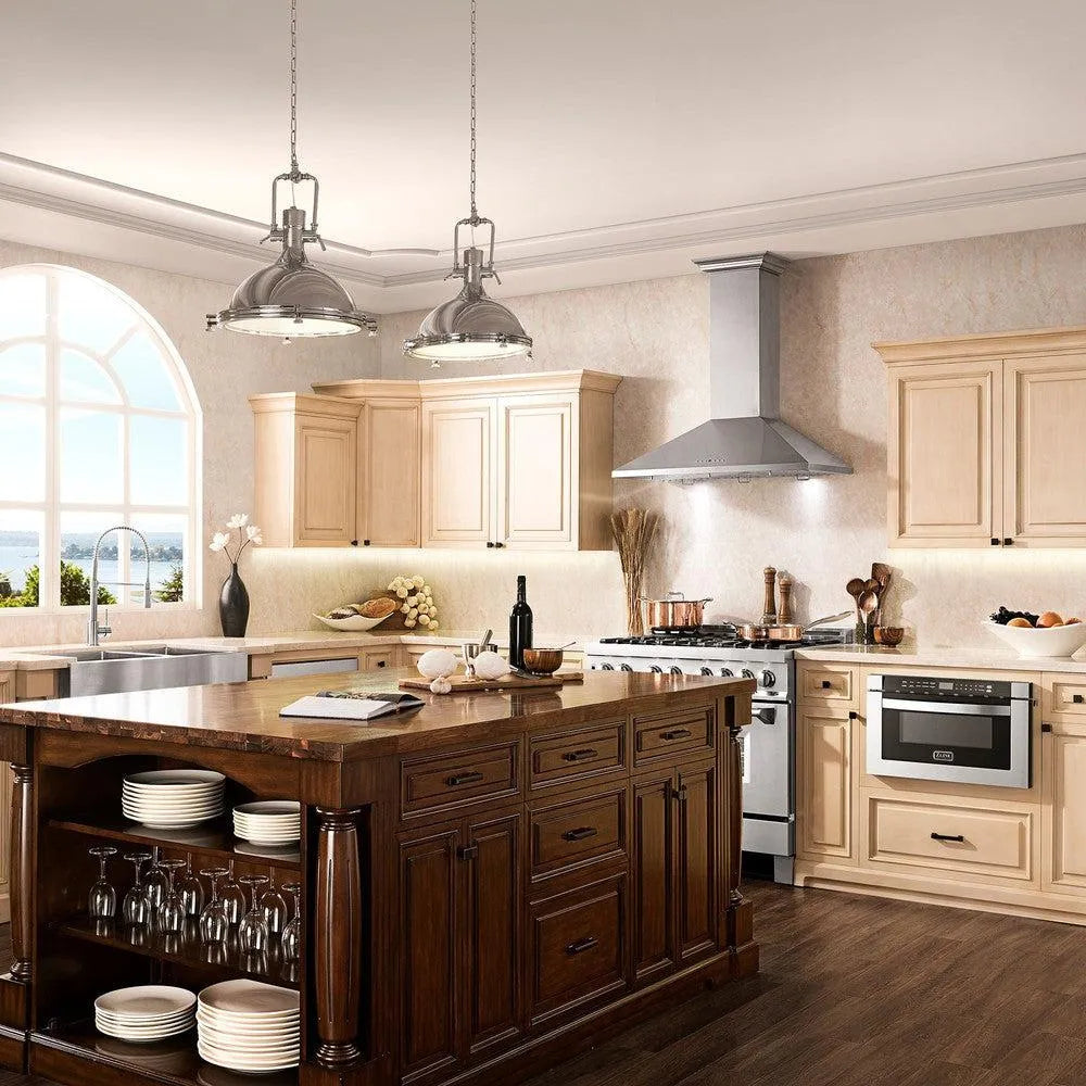 ZLINE Convertible Vent Wall Mount Range Hood in Stainless Steel with Crown Molding (KL2CRN) lifestyle.