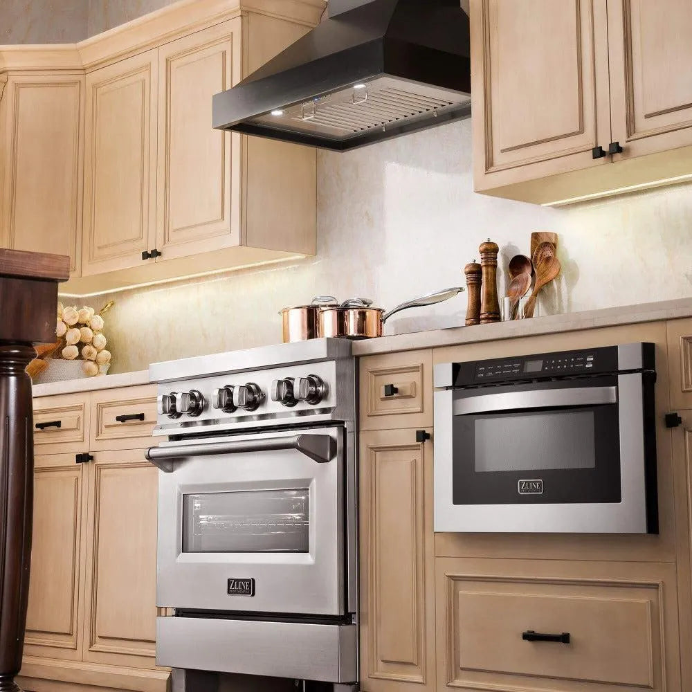 ZLINE Convertible Vent Wooden Wall Mount Range Hood in Black (KBCC) in a farmhouse-style kitchen with wood cabinets.