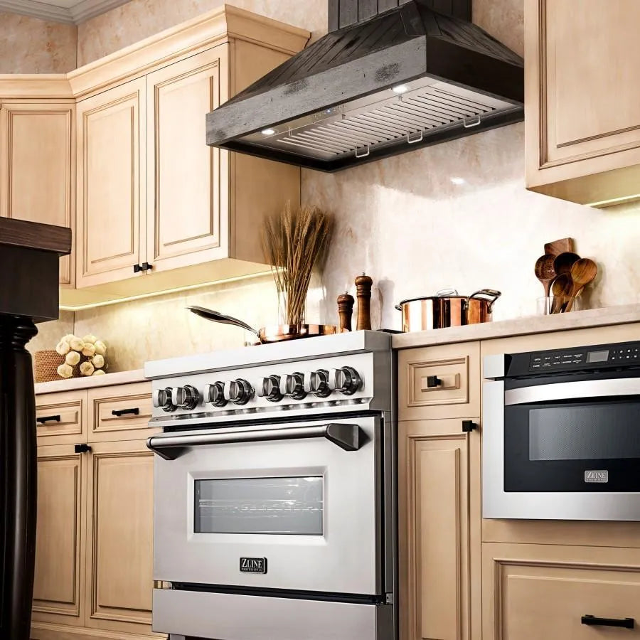 ZLINE Wooden Wall Mount Range Hood In Rustic Dark Finish - Includes Motor (KPDD) 