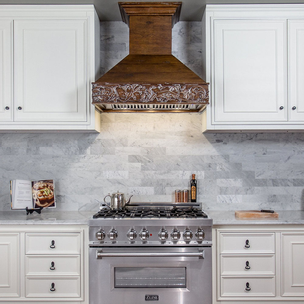 ZLINE 373RR Range Hood in Walnut in a farmhouse style kitchen with white cabinets