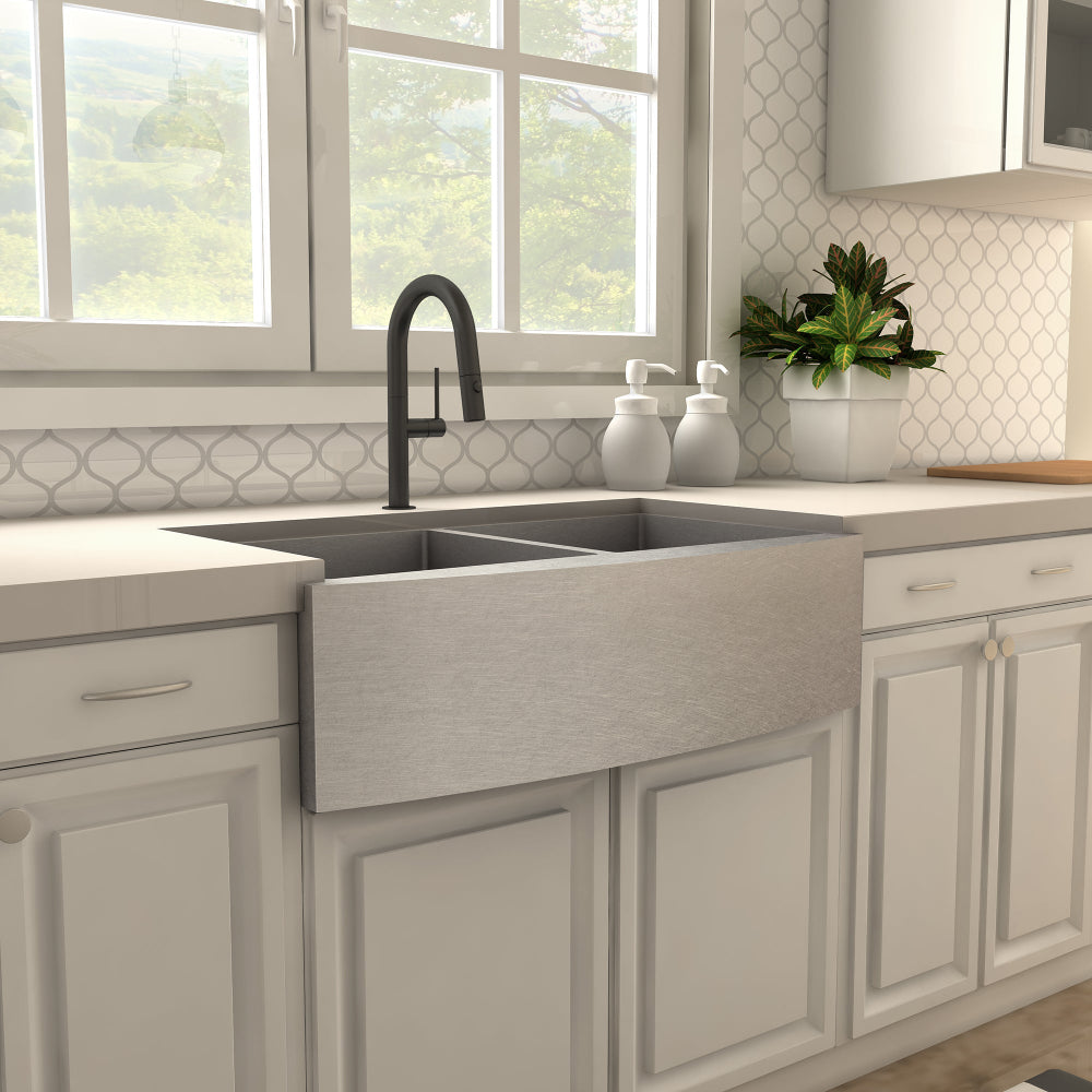 ZLINE Voltaire Kitchen Faucet (VLT-KF) Matte Black in a modern kitchen with a farmhouse sink and light gray cabinets.