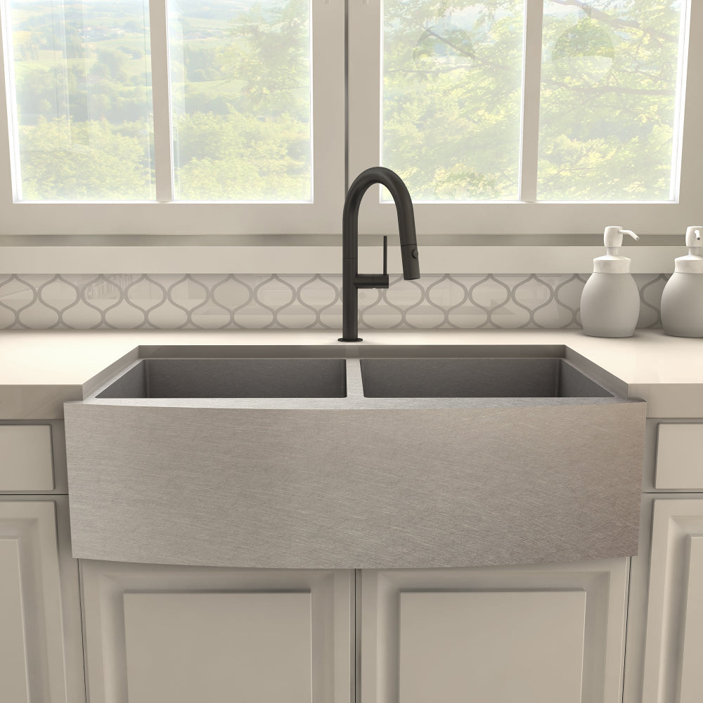ZLINE Voltaire Kitchen Faucet (VLT-KF) Matte Black above a farmhouse sink in a kitchen setting