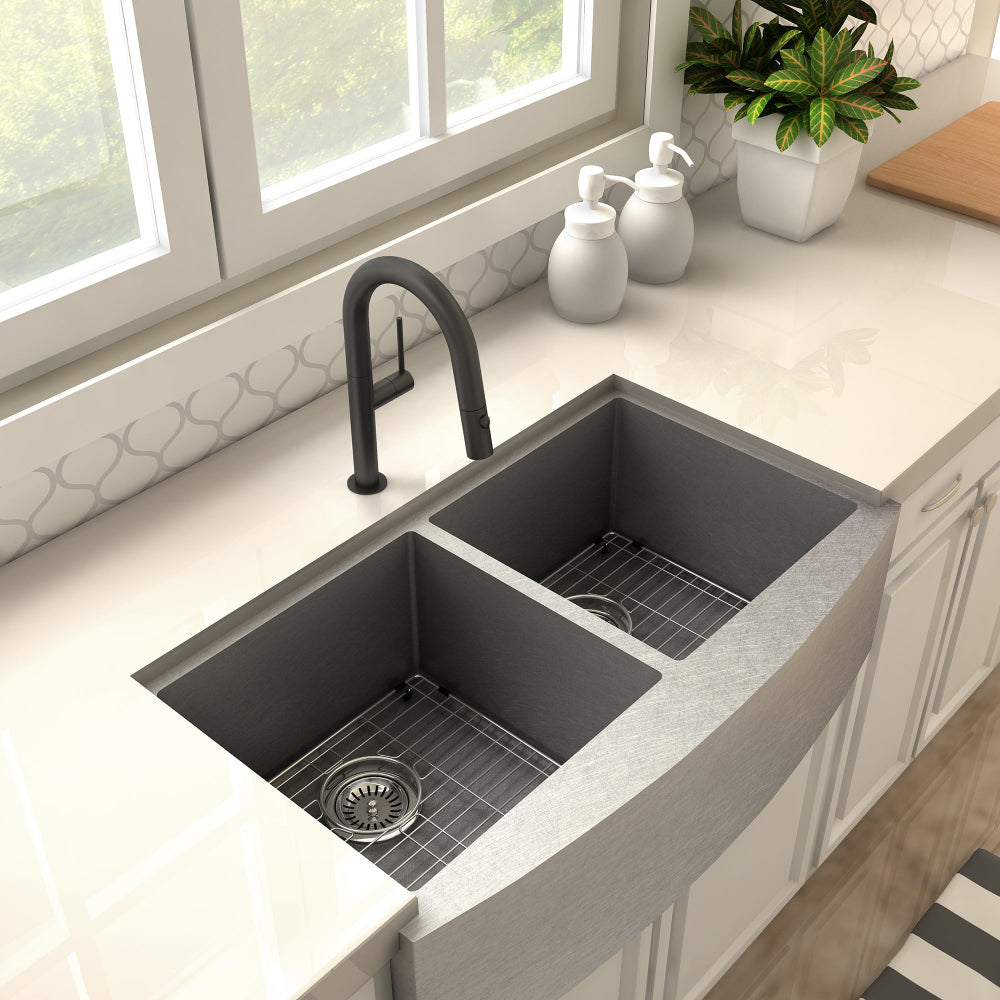 ZLINE Voltaire Kitchen Faucet (VLT-KF) Matte Black above a modern kitchen sink with window in background