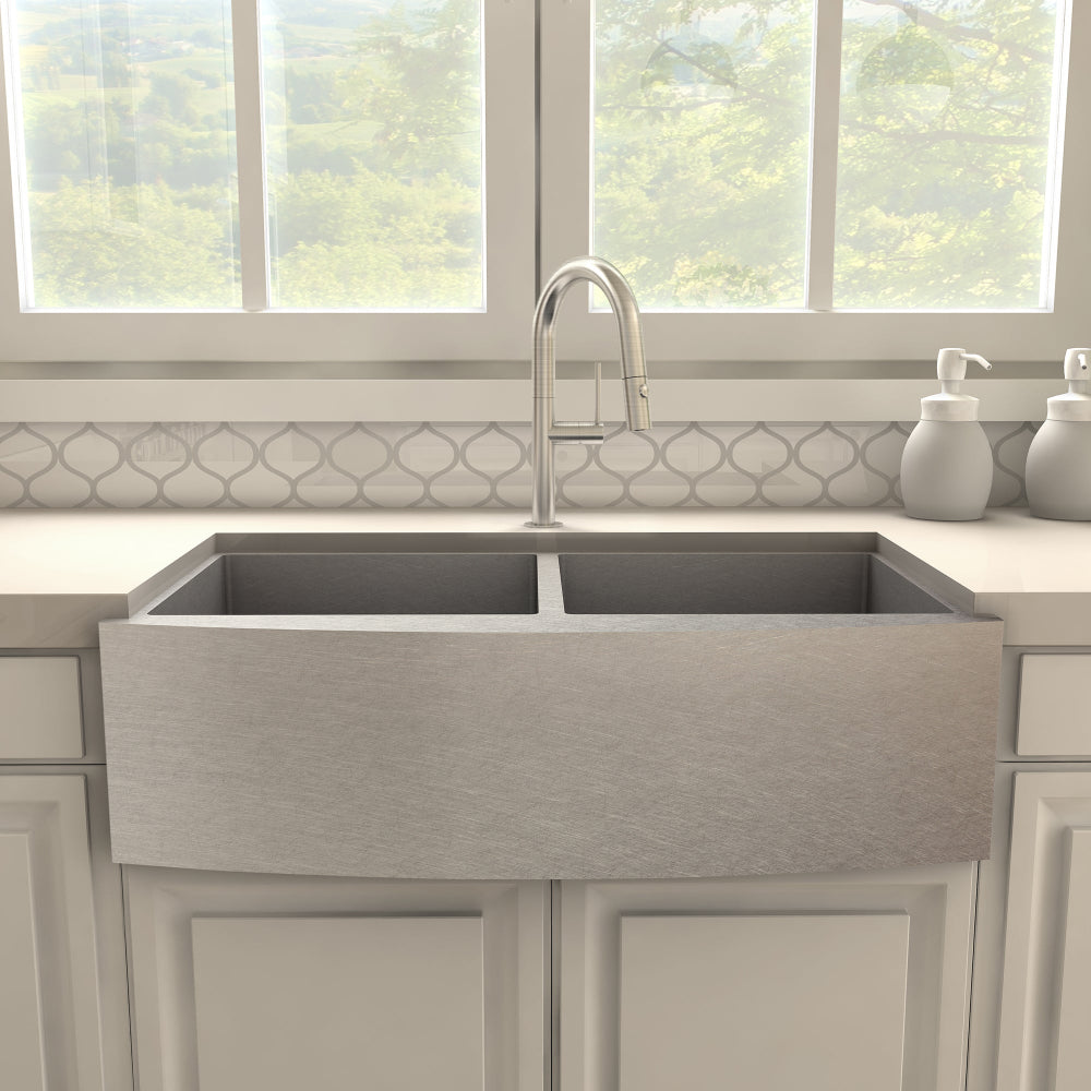 ZLINE Voltaire Kitchen Faucet (VLT-KF) Brushed Nickel in a kitchen with a window view