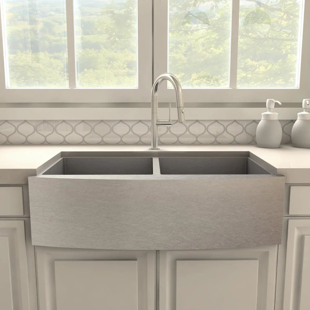 ZLINE Voltaire Kitchen Faucet (VLT-KF) Brushed Nickel in a kitchen with a window view