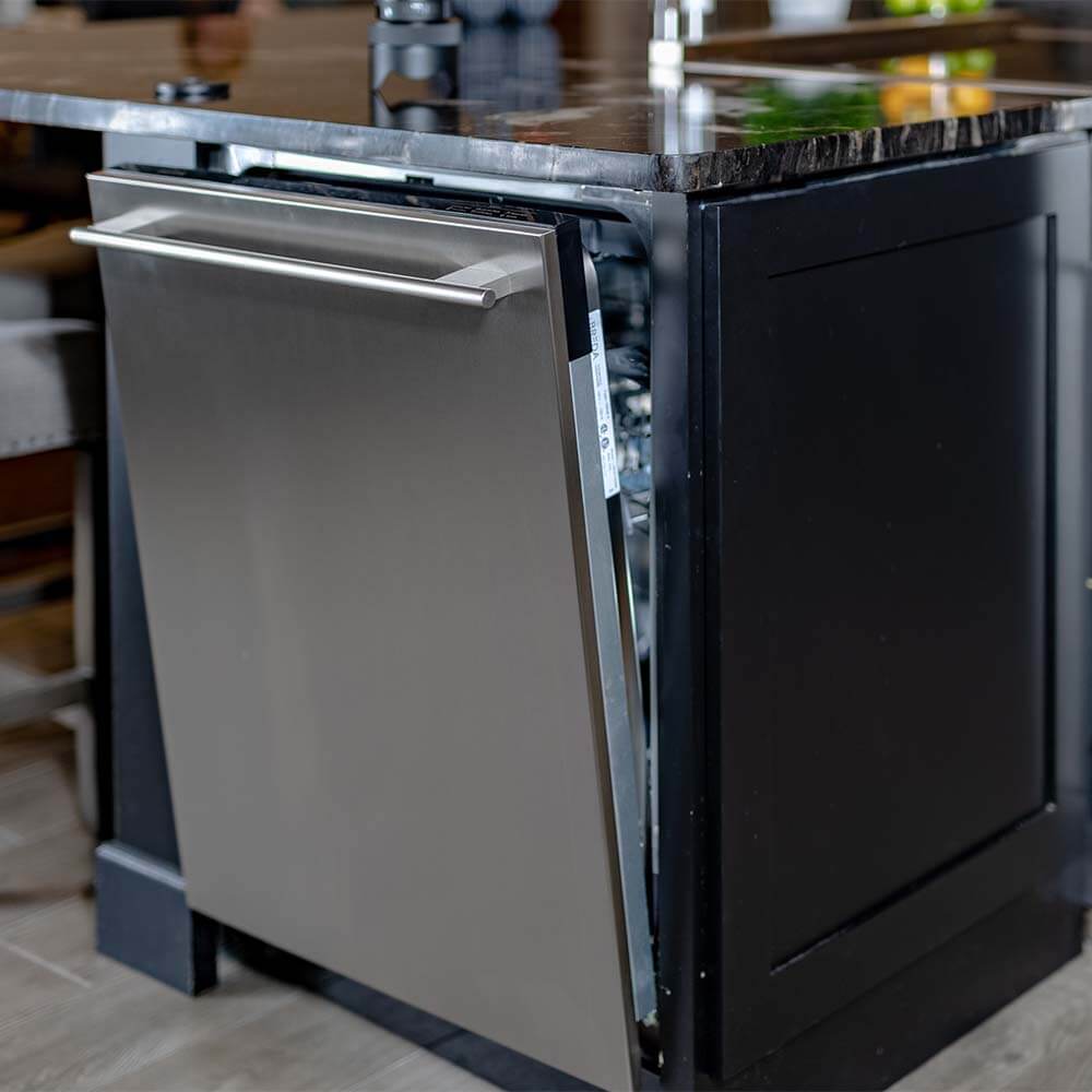 BREDA dishwasher with stainless steel panel door partially open.