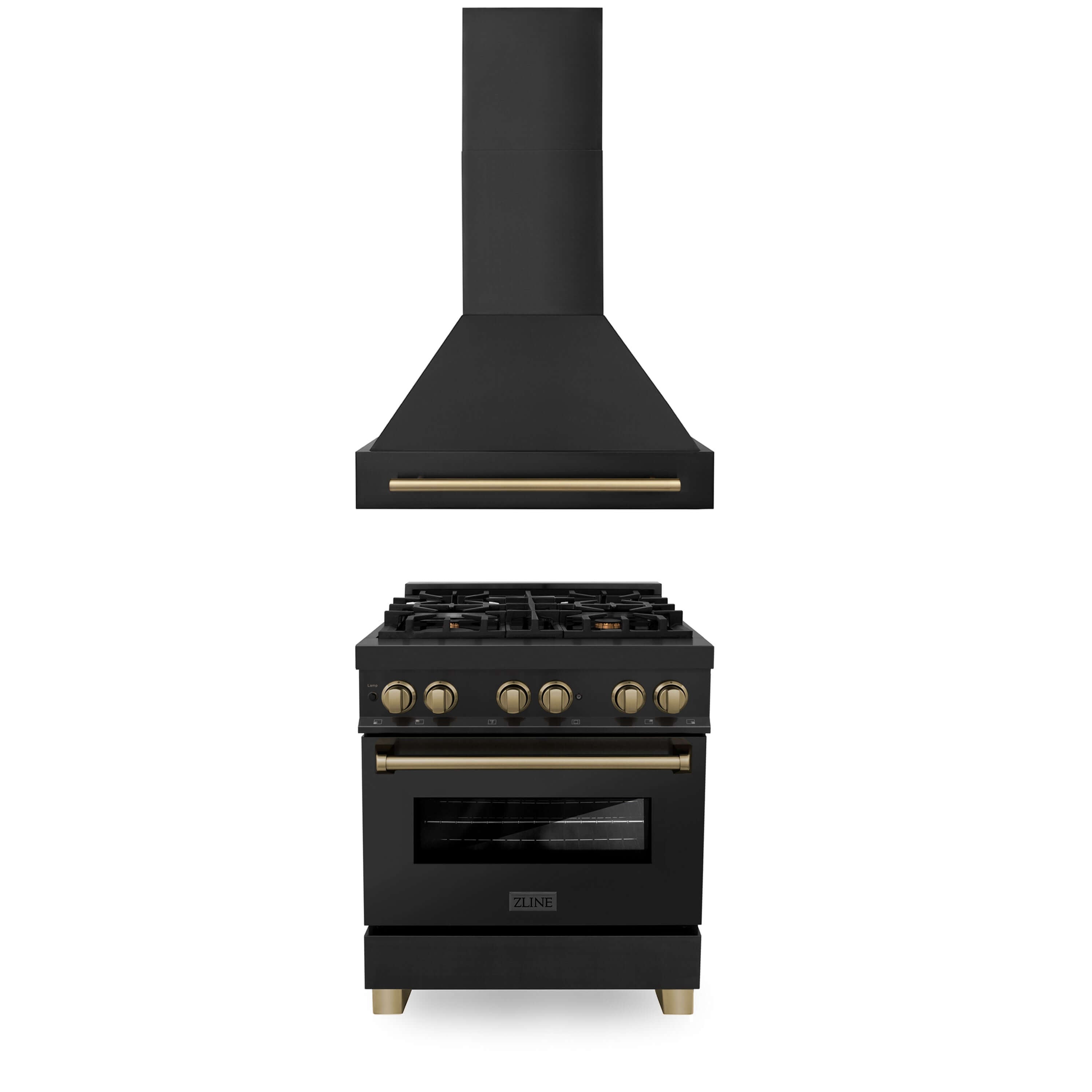 ZLINE 30 in. Autograph Edition Kitchen Package with Black Stainless Steel Dual Fuel Range and Range Hood with Champagne Bronze Accents (2AKP-RABRH30-CB)