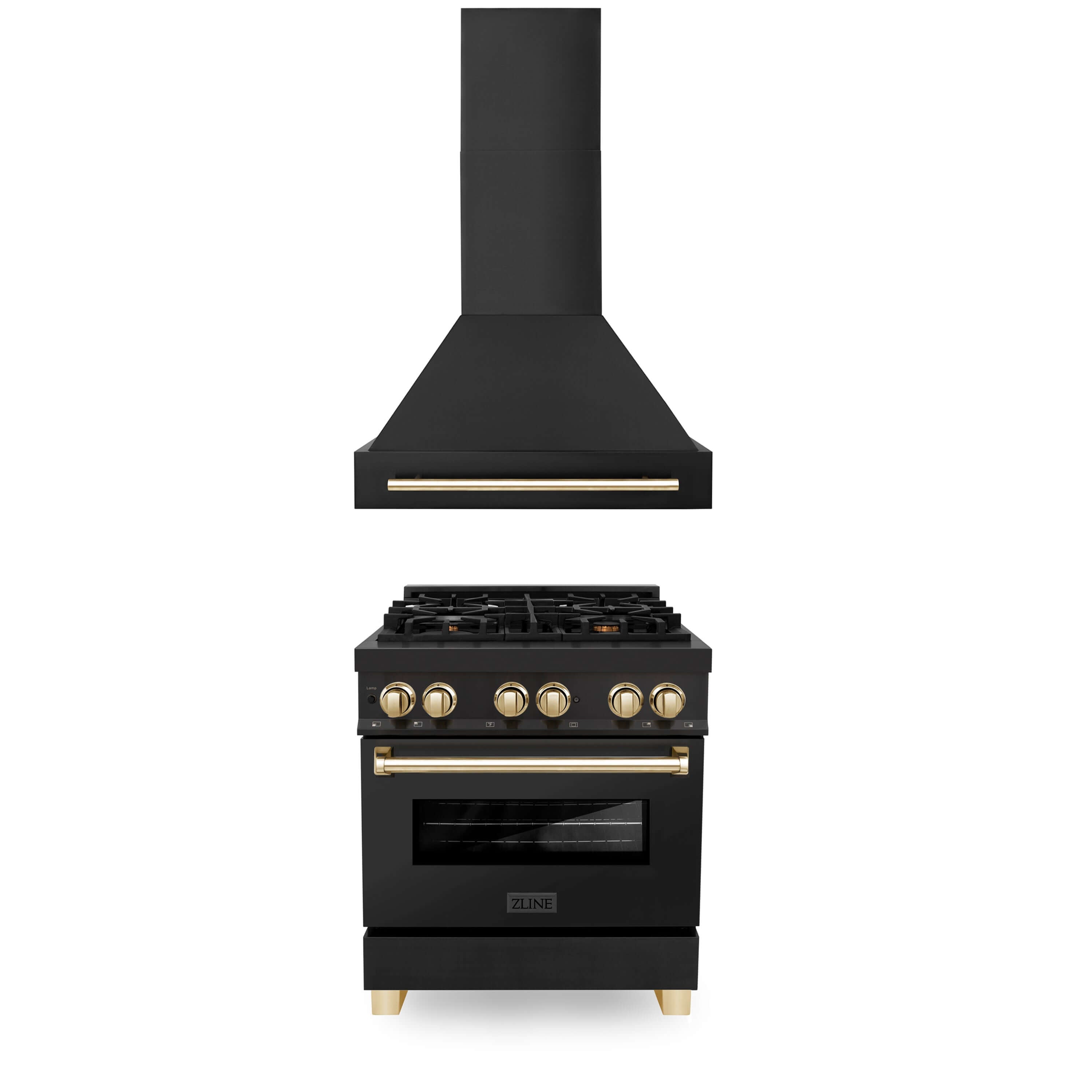 ZLINE 30 In. Autograph Edition Kitchen Package with Black Stainless Steel Dual Fuel Range and Range Hood with Polished Gold Accents (2AKP-RABRH30-G)