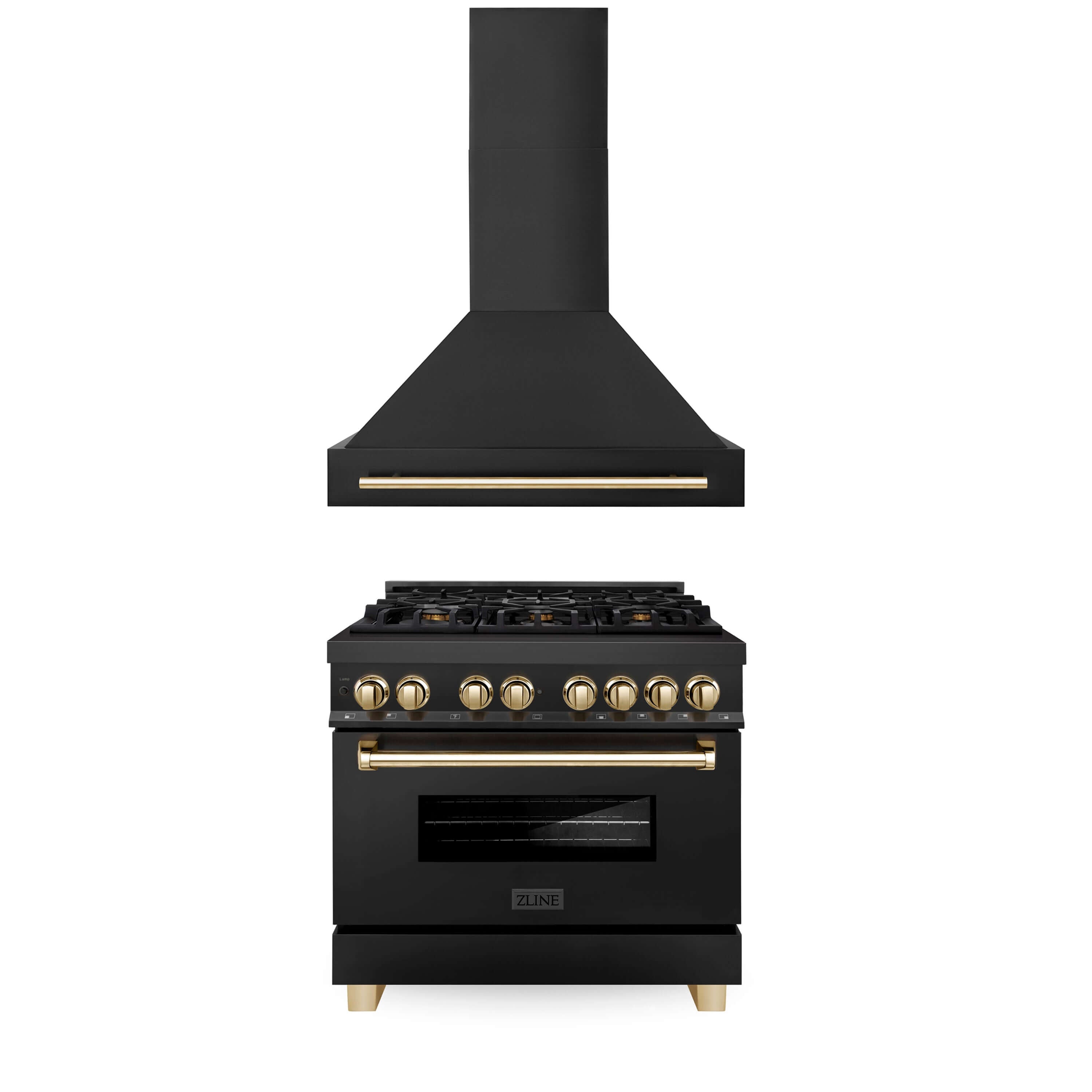 ZLINE 36 in. Autograph Edition Kitchen Package with Black Stainless Steel Dual Fuel Range and Range Hood with Polished Gold Accents (2AKP-RABRH36-G)