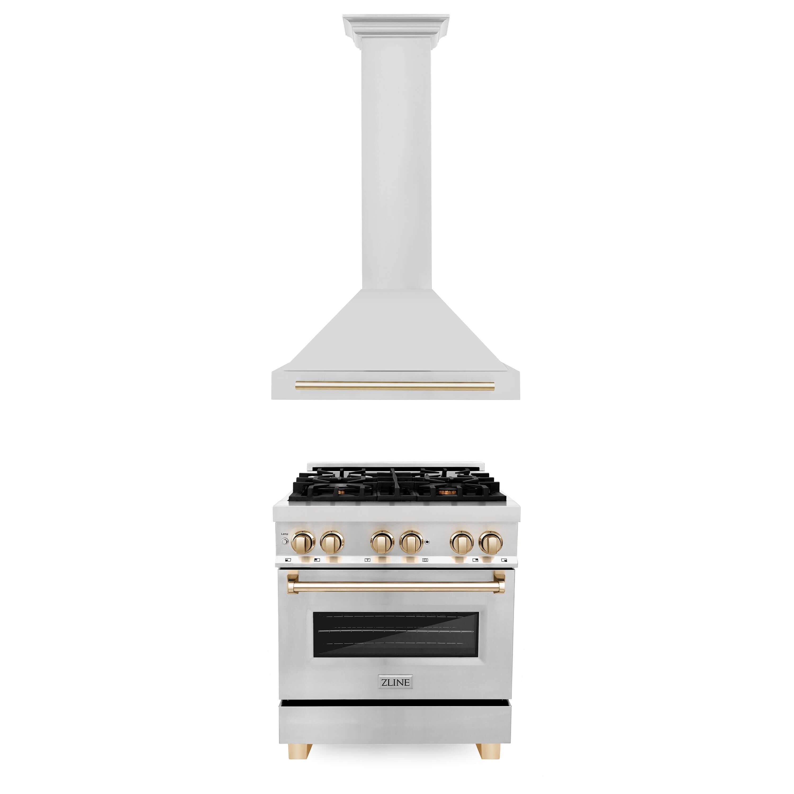 ZLINE 30 in. Autograph Edition 2 Piece Kitchen Appliance Package includes Stainless Steel Dual Fuel Range and Range Hood with Gold Accents (2AKP-RARH30-G)