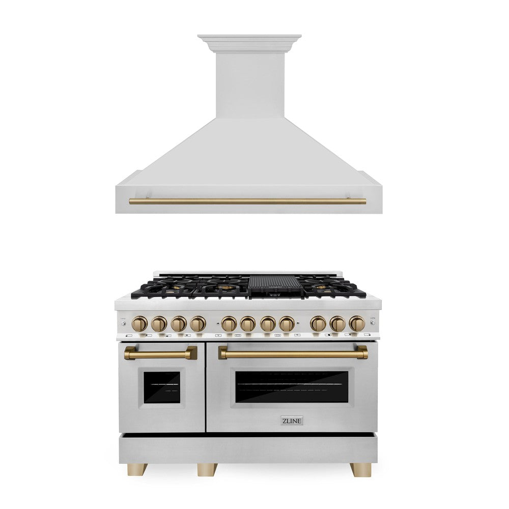 ZLINE Autograph Edition 48 in. Kitchen Package with Stainless Steel Dual Fuel Range and Range Hood with Champagne Bronze Accents (2AKP-RARH48-CB)