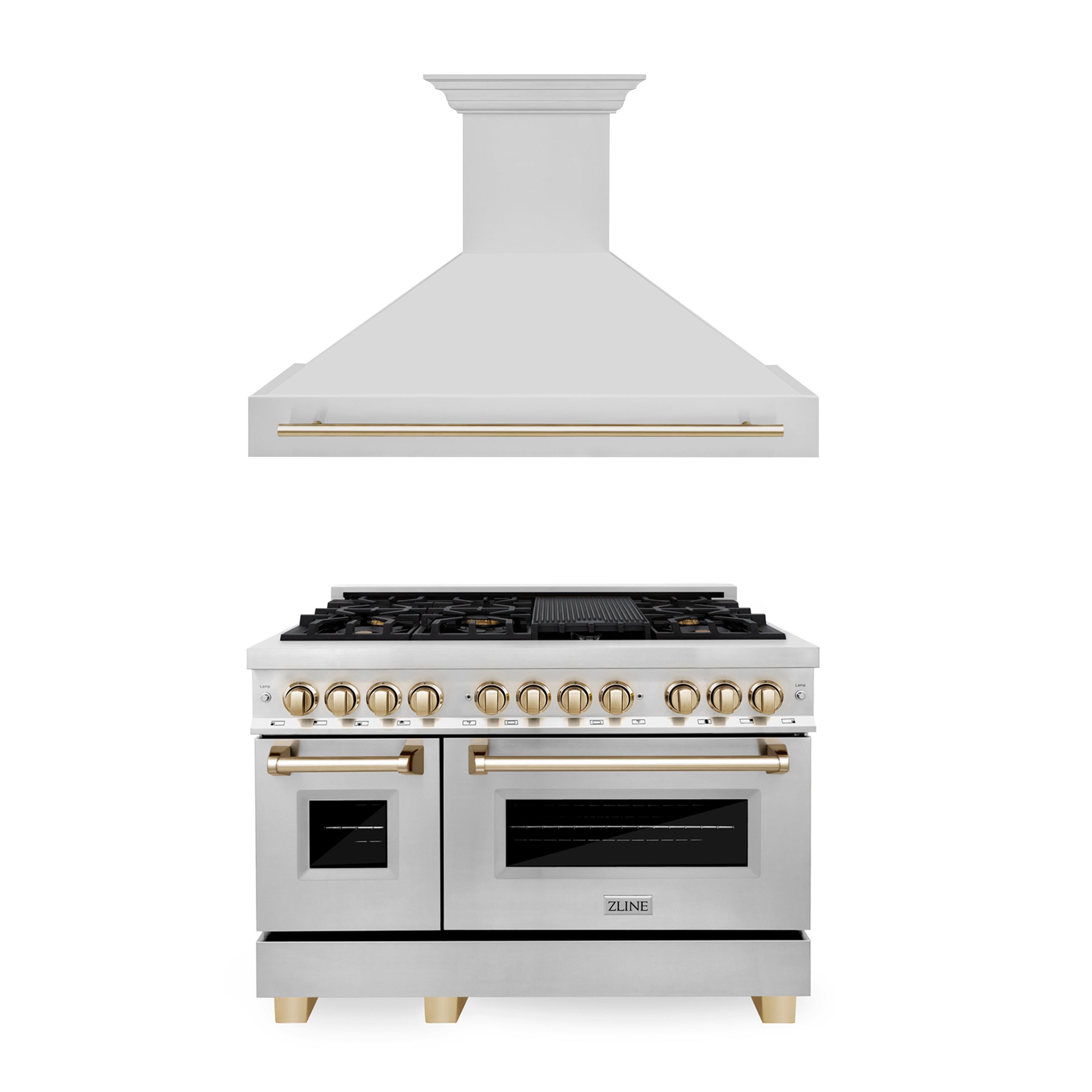 ZLINE 48 in. Autograph Edition Kitchen Package with Stainless Steel Dual Fuel Range and Range Hood with Polished Gold Accents (2AKP-RARH48-G)