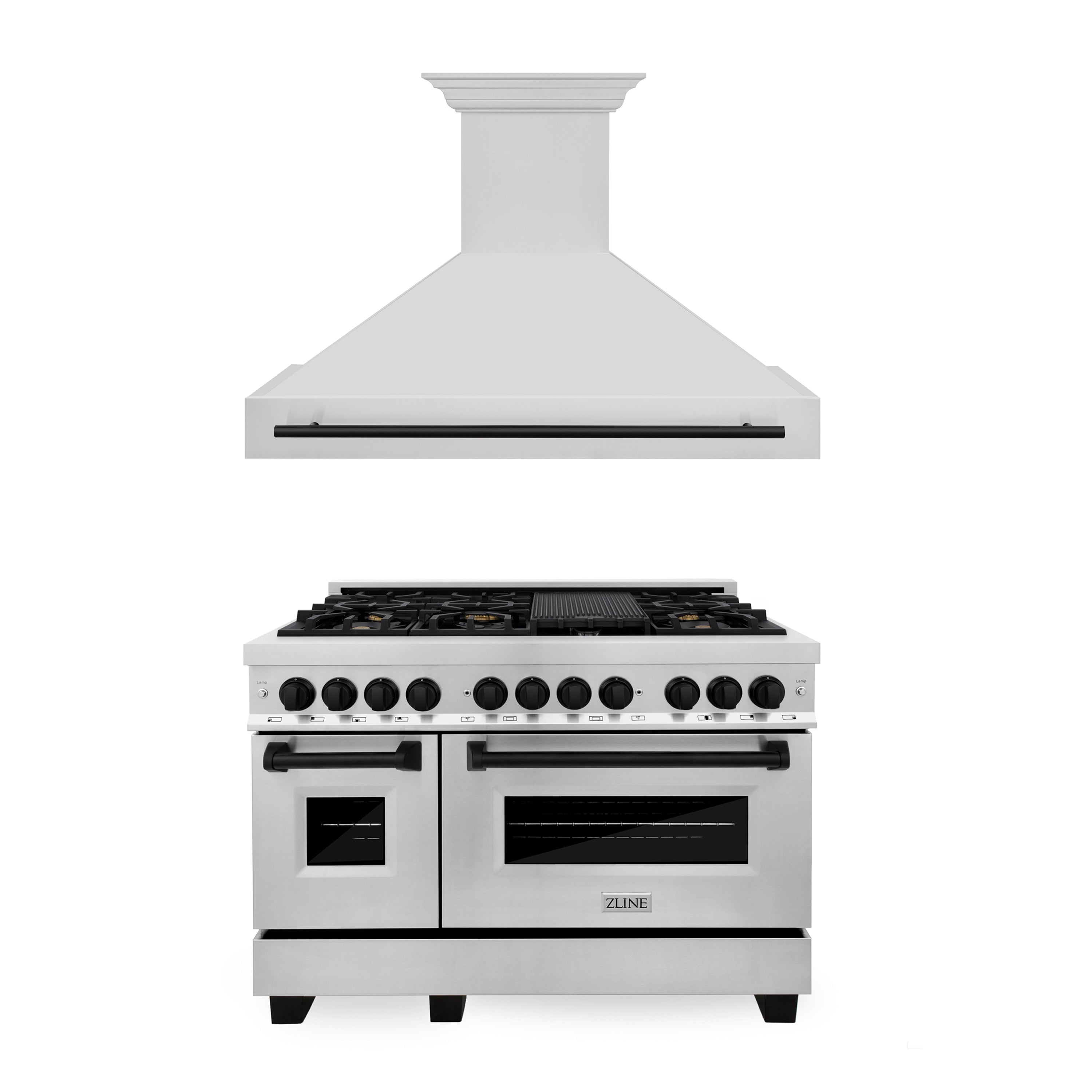 ZLINE 48 in. Autograph Edition Kitchen Package with Stainless Steel Dual Fuel Range and Range Hood with Matte Black Accents (2AKP-RARH48-MB)