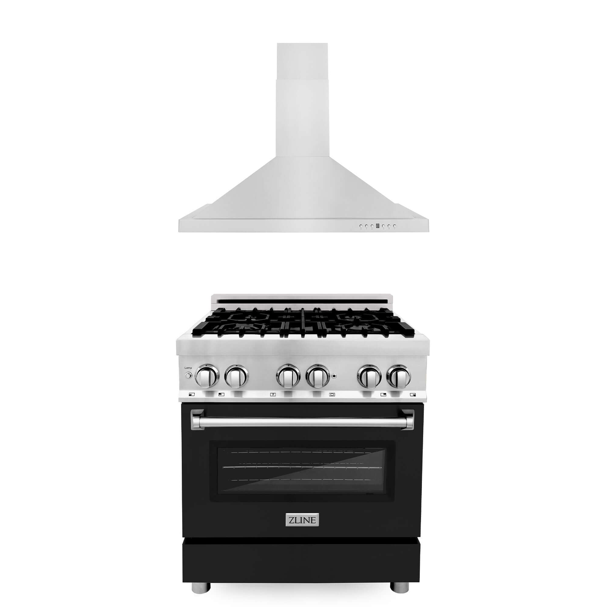 ZLINE 30 in. Kitchen Package with Stainless Steel Dual Fuel Range with Black Matte Door and Convertible Vent Range Hood (2KP-RABLMRH30)