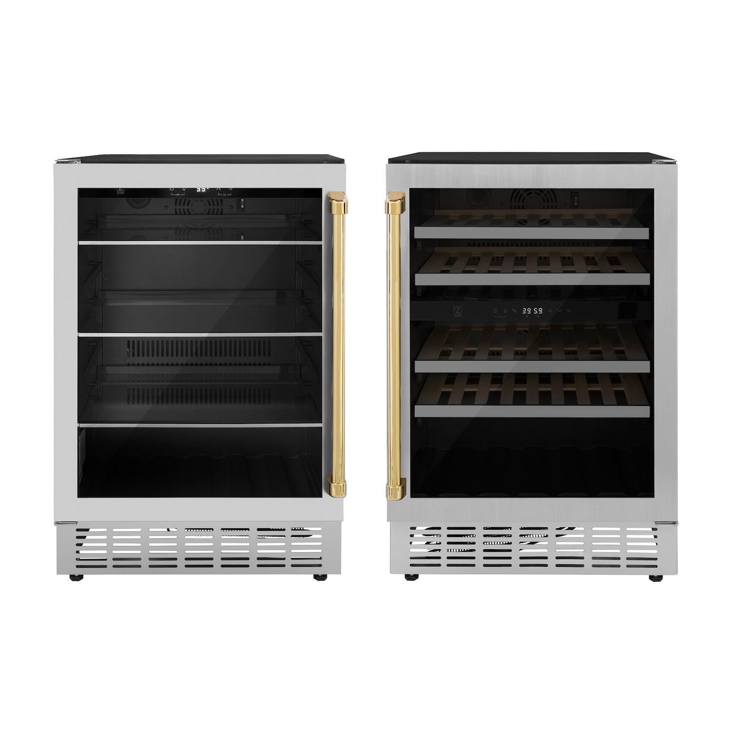 ZLINE Autograph Edition Kitchen Package with 24" Wine Cooler and 24" Beverage Fridge with Polished Gold Accents