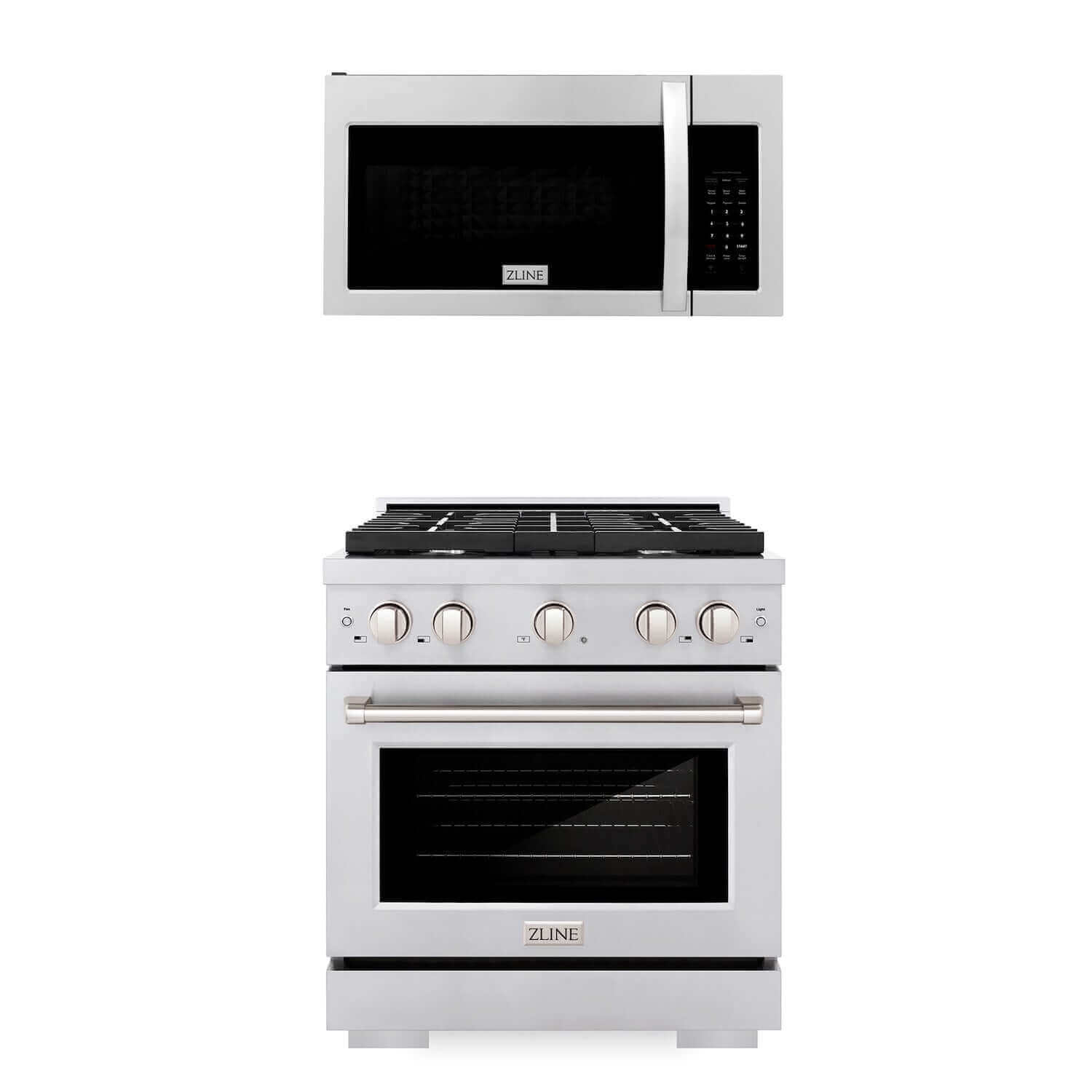 ZLINE 30" Kitchen Package Stainless Steel Gas Range and Over the Range Microwave with Modern Handle 