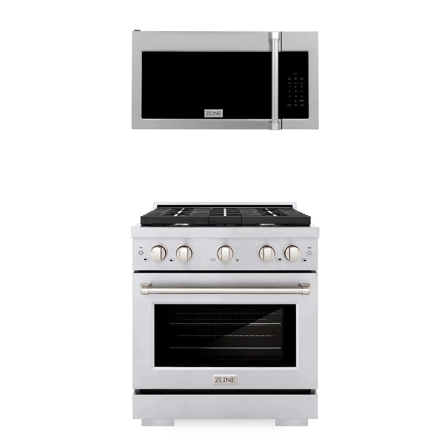 ZLINE 30" Kitchen Package Stainless Steel Gas Range and Over The Range Microwave with Traditional Handle 